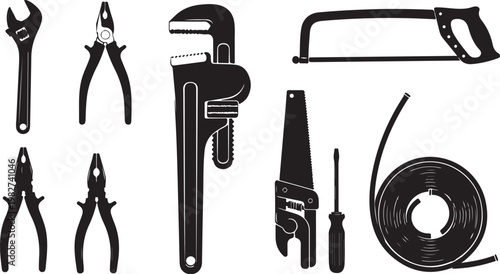 Collection of various black tools on white background
