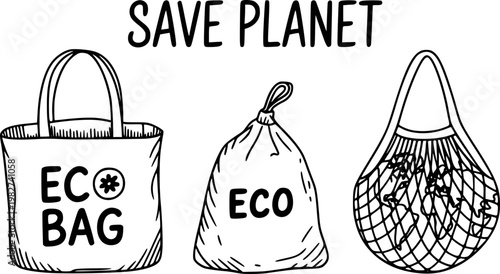 Hand-drawn of reusable shopping bags promoting environmental awareness and planet saving