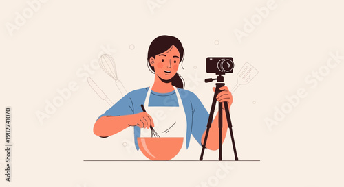 Woman cooking and filming a recipe video with a camera on a tripod
