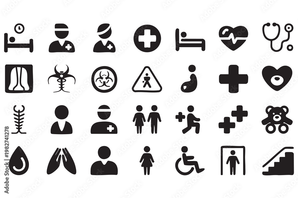 Fototapeta premium Hospital Patient and Emergency Care Icons for Medical Systems Design