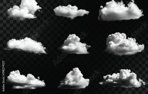 A collection of white clouds isolated on transparent background for graphic design and photo manipulation
