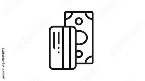 Minimalist black line art vector icon illustration of a credit card and paper money banknote, symbolizing payment methods, financial transactions, banking, and cash for business and commerce.