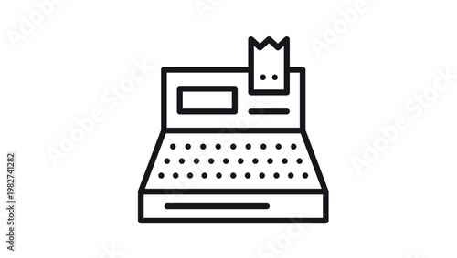 Minimalist black line cash register vector icon illustration. Point of sale machine with receipt, display, and keyboard for retail, shopping, finance, and business payment concepts.