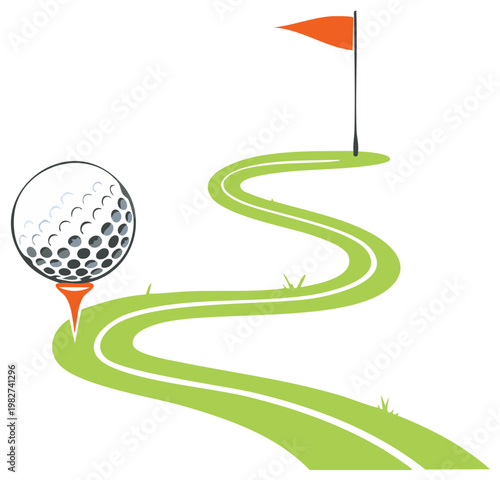 Golf ball on tee with winding green fairway and orange flag representing the path to success