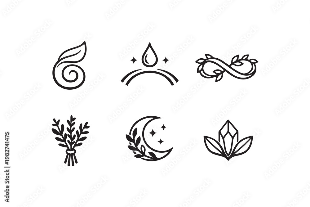 Fototapeta premium Elegant collection of nature inspired spiritual and organic wellness line art icons