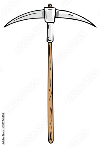 Cartoon illustration of a classic pickaxe with a metal head and wooden handle