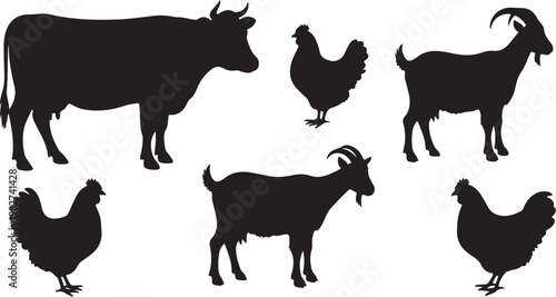 Farm Animal Silhouettes on White Background Illustration