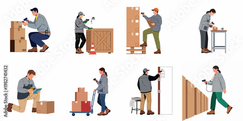 Set of flat vector illustrations featuring warehouse workers scanning barcodes on boxes and crates for logistics, shipping, and inventory management purposes.
