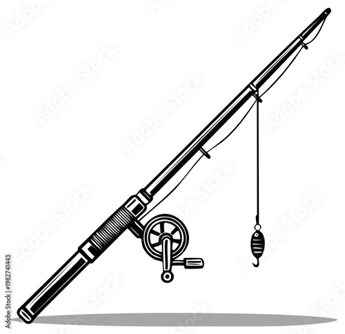 Illustration of a fishing rod with a reel and lure ready for casting on white background