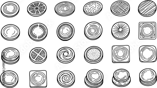 Black and White Line Art Icons of Round and Square Stacked Objects, Food, Cookies, and Candies