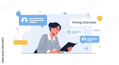 Woman in Hiring Interview Process, Reading Document, Chat Bubbles, Recruitment Concept