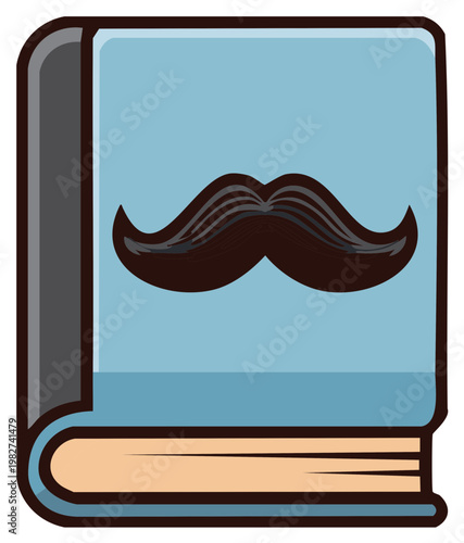 Closed book with a mustache on the cover stands vertically in graphic design style