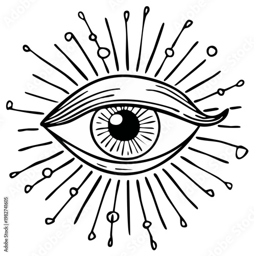 Mystical Eye Illustration with Rays and Orbs Symbolizing Vision and Awareness