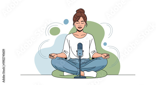 Woman meditating with microphone, podcasting, mindfulness, calm mind, online content creation