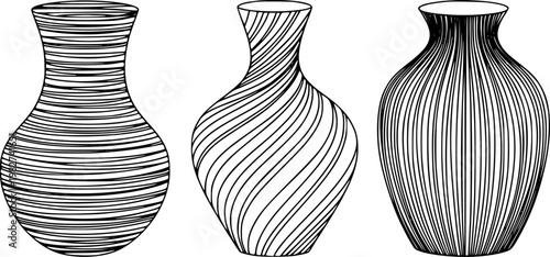 Stylized black and white vases with distinct linear patterns, isolated white background