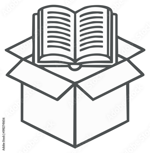 Open book resting inside an open cardboard shipping box representing knowledge delivery education and literary content concept