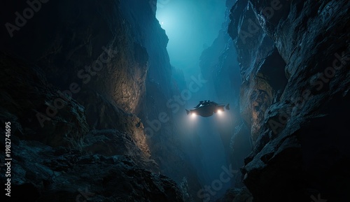Submarine Navigates Deep Ocean Trench Illuminated by Powerful Lights.