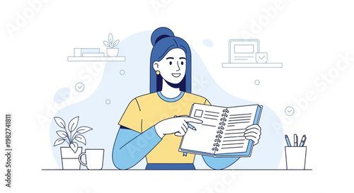 Woman pointing at notebook, studying or working at desk with plants and mug