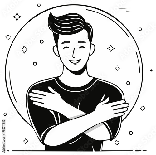 Man Hugging Himself Joyfully Embracing Self-Love and Positivity with Sparkles