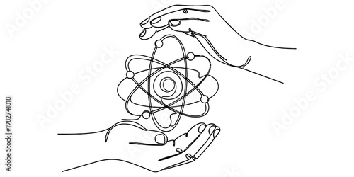 A line art illustration of human hands gently holding a glowing atom model for science concepts
