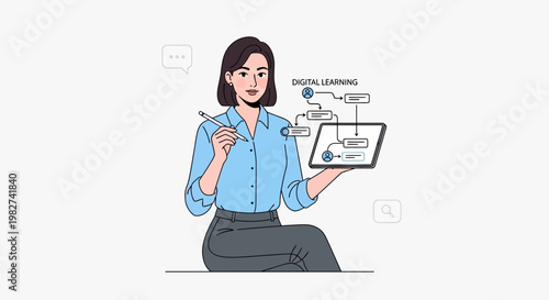 Woman presenting digital learning flowchart on tablet, online education concept