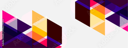 Abstract geometric shapes overlap, creating vibrant colorful patterns. Pink, purple, orange hues dominate white background. Modern design.