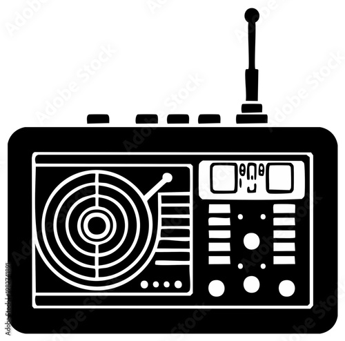 Retro radio receiver with antenna dials and speaker grill in black and white illustration