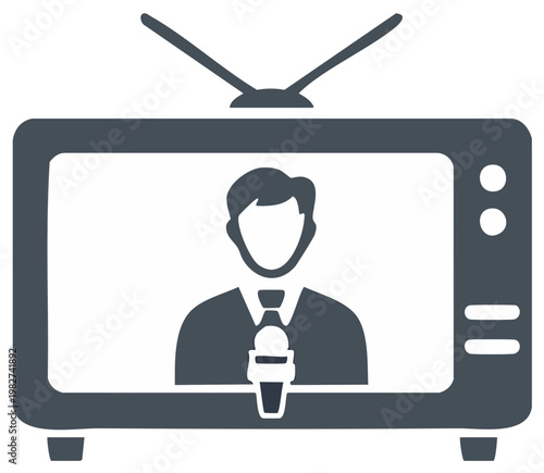 Television News Broadcast Featuring Anchor Reporting with Microphone, Retro TV Set, News Media