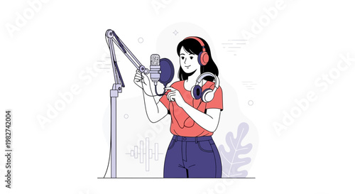 Woman recording podcast with microphone and headphones, sound waves illustration
