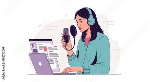 Woman recording podcast with laptop and microphone, wearing headphones, professional home studio setup