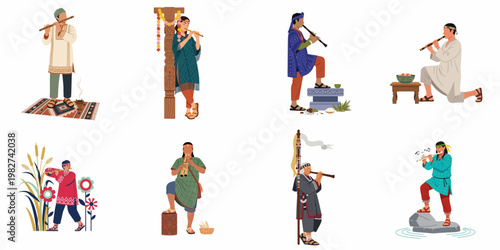 Vector illustration set of diverse people from different cultures in traditional costumes playing various types of flutes.