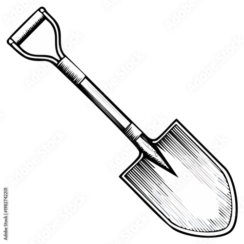 Hand Drawn Illustration of a Garden Spade Tool with Hatching Detail