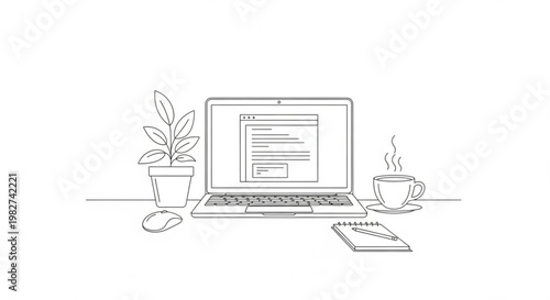 Minimalist workspace featuring a laptop, mouse, potted plant, notebook, and coffee cup on a desk