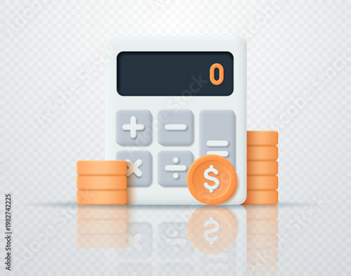 Calculator with a gold dollar coin in a minimalist cartoon style. Concept for managing and planning finances, business, accounting, budgeting, and taxes.