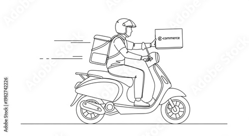 Delivery person riding a scooter with a backpack and a box, representing e-commerce services and logistics for online shopping