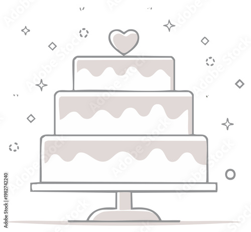 Celebration Three Tiered Wedding Cake with Heart Decoration Elegant Cake Illustration