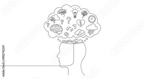 Abstract representation of human thoughts and emotions visualized within a silhouette of a head, with various icons symbolizing concepts