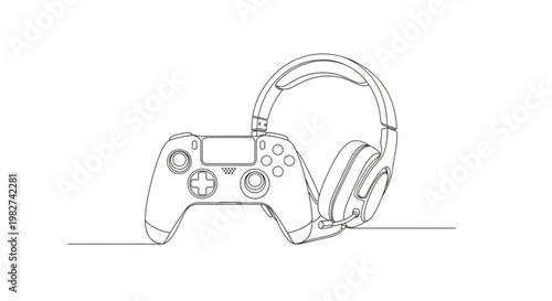 A minimalistic line art drawing showcasing a gaming controller and headphones, perfect for representing gaming, technology, and entertainment
