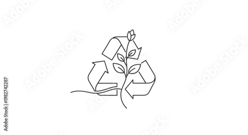 Minimalist line art illustration of a recycling symbol nurturing a new plant sprout, symbolizing environmental sustainability, green growth, and a commitment to ecological regeneration