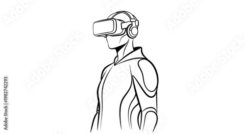 Futuristic character wearing virtual reality headset, exploring digital metaverse with advanced technology and innovation
