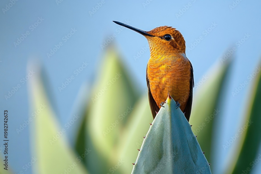 Fototapeta premium orange hummingbird perched on pointed agave leaf tip, calm and alert pose against soft blue-green background