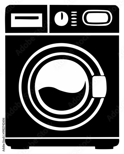 Washing machine glyph icon in black and white featuring a front loading design for laundry appliance representation