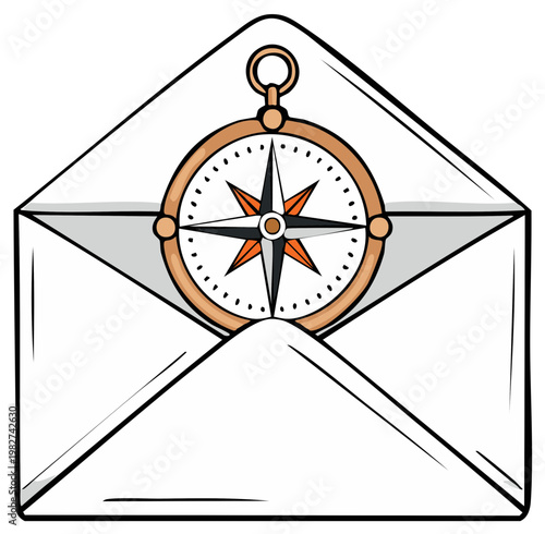 Open envelope revealing a vintage compass, symbolizing navigation, exploration, and discovery within communication.
