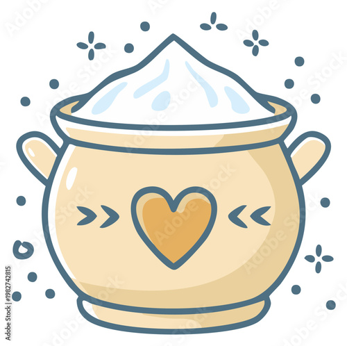 Cartoon pot with heart symbol and creamy topping, sweet food illustration, love and care