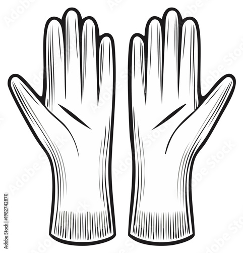 Black and White Illustration of Two Open Hands Wearing Medical Gloves