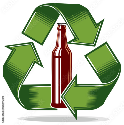 Recycle Symbol with Green Arrows and a Red Beer Bottle for Eco Friendly Concept