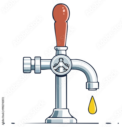Vector illustration of a chrome beer tap with a wooden handle and a dripping drop of golden beer
