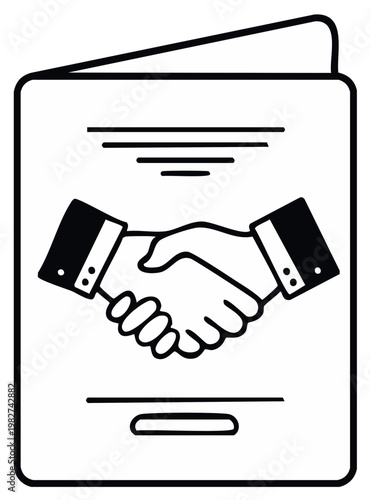 Business Agreement Document: Handshake Deal on Official Paperwork, Collaboration Concept, Contract Signature in Outline Style