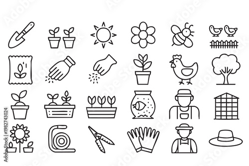 Gardening Equipment and Plant Growth Icons for Backyard Farming