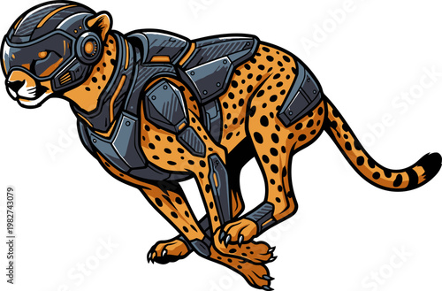 Cybernetic cheetah running, futuristic armored predator, technological speed and power, sci-fi animal concept, digital illustration